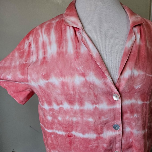 Cloth & Stone Anthropologie Tie Dye Button Up Short Sleeve Shirt Coral White S - Picture 3 of 7